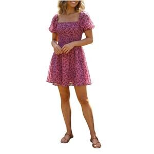 Betsey Johnson Floral Smocked Mini Dress Pink Sz Large